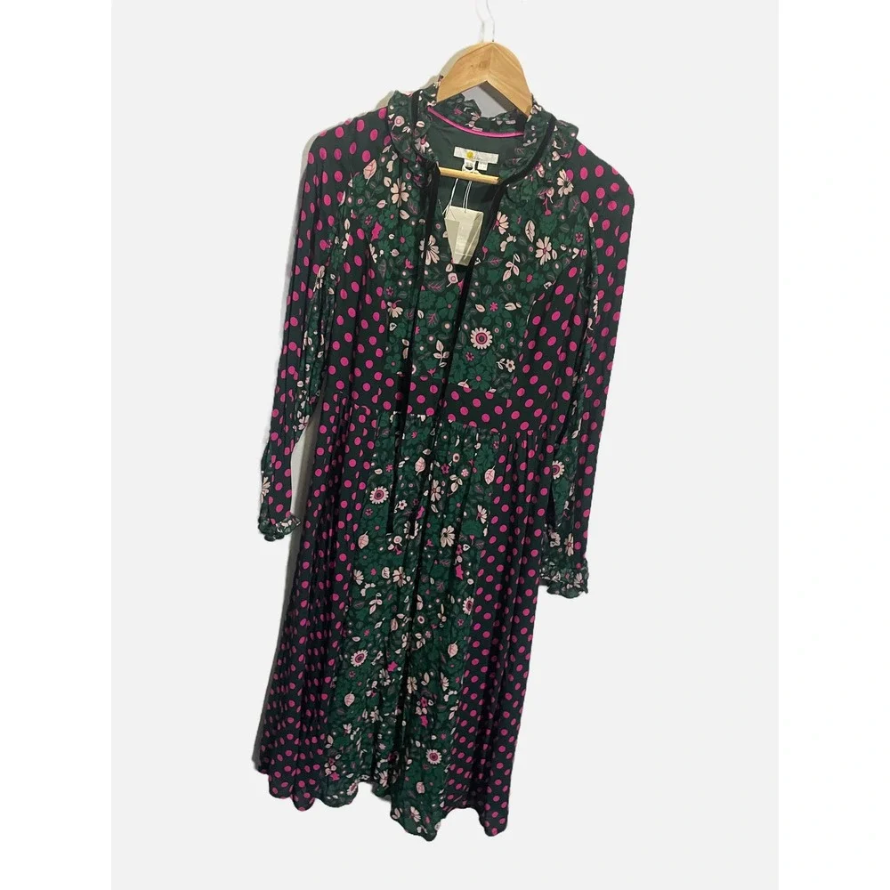 Boden Midi Dress Women 6R Green Pink Floral Polka Dot Mixed Print Boho Romantic - Picture 3 of 5